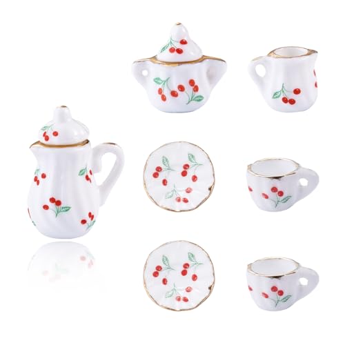 Mini tasse à thé en céramique FASHEWELRY avec plateau à motif cerise miniature