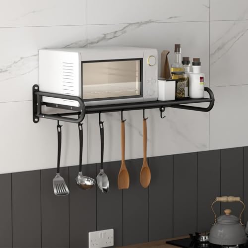 SanBouSi Soporte de pared para microondas, de metal, con 6 ganchos, soporte para microondas (negro)