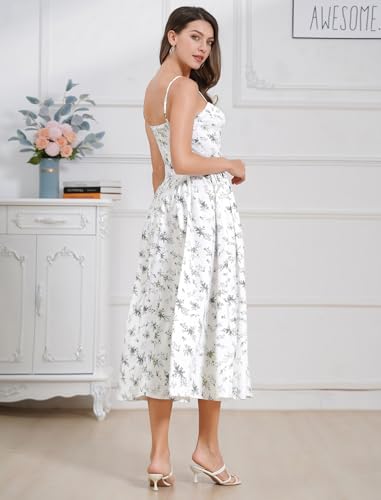 Image of ABEHIK Casual Dresses for Women Boho Spaghetti Strap Corset Midi Dress with Pockets Low Cut Flowy Pleated Bustier Sundress