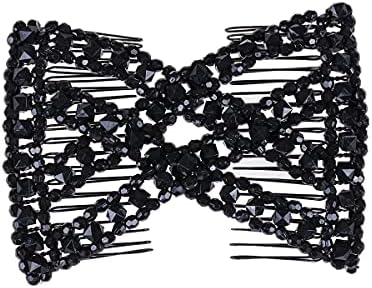 FXBLING Easy Magic Hair Beauty Decoration Comb Stretchy Beaded Hairpin Bow Women Double Comb (Black)