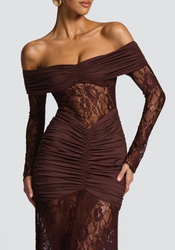 Famnbro Womens Sexy Lace Off Shoulder Dress Long Sleeve See Through Bodycon Elegant Club Party Maxi Dresses4