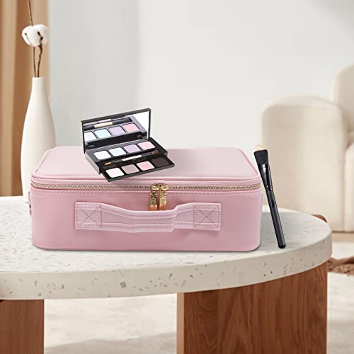 Portable Makeup Bag Makeup Train Case Makeup Case With Led Mirror Makeup 3 Color Setting Organizer Pu Makeup Box With Adjustable Dividers Large Cosmetic Bag (With Light, Pink) #TOP4