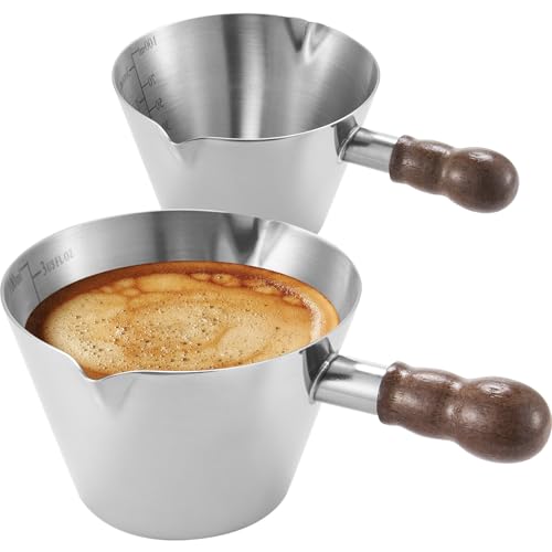 Baalaka Stainless Steel Espresso Cups Set of 2, 3 OZ Double Spout Glass Measuring Cup with Handle, Milk Frothing Pitcher with Spout & Scale, Espresso Accessories for Coffee, Latte Art and Kitchen Use
