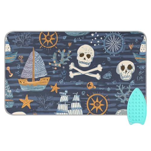 ElliTarr Ironing Mat Portable Ironing Pad Ironing Blanket for Table Top Heat Resistance Double-Side Using Travel Large 47.2 x 27.6 Inch Foldable Blue Pirate Skulls Sailboats Starfish and Compass