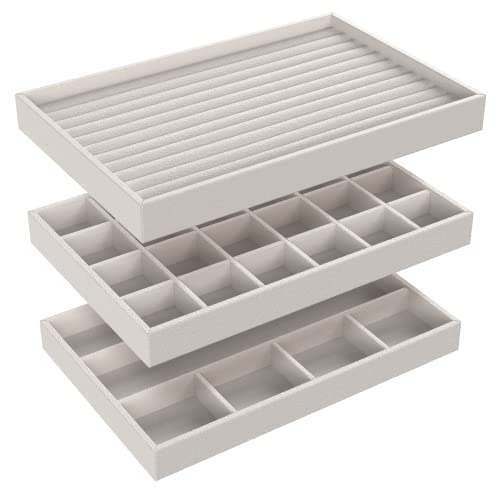 Closetmaid Jewelry Trays, Set Of 3, Stackable, Soft Velvet, Accessory Organizer For Earrings, Necklaces, Watches, Bracelets, Rings, Light Grey #TOP1