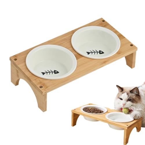 Erhöhte Hundenäpfe, abgeschrägter Keramik-Futterspender, rutschfeste Haustierstation, Holzsockel, Schnurrhaar-freundliches Design, erhöhtes Futter und Wasser, Futterset für kleine, mittelgro