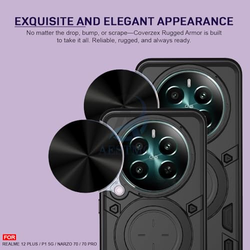 Image of AESTMO Armor Compatible with Realme 12 Plus / P1 / Narzo 70 /70 Pro 5G Bumper Back Case Cover | Ring Holder & CD Pattern Sliding Camera Shutter Cover | 360 Degree Protection Back Case Cover (Black)