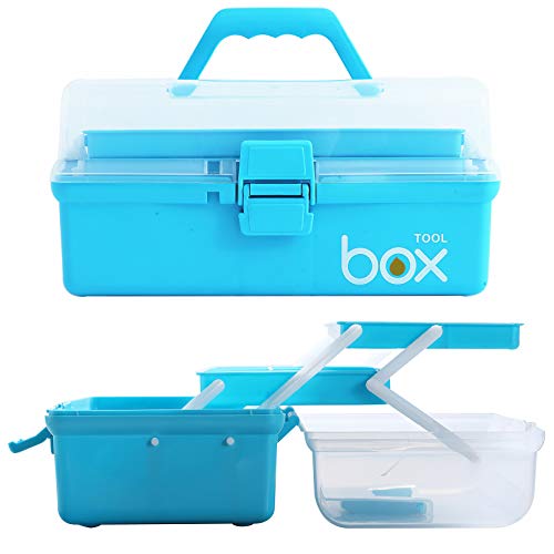 Sunxenze 12'' Three-Layer Clear Plastic Craft Storage Box, Tool Box/Sewing Box Organizer, Art Storage Box With Handle (Light Blue) #TOP3