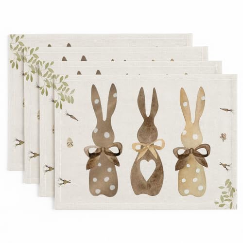 Vorysum Lot de 4 sets de table de Pâques 32 x 45 cm - Avec motifs de lapin et cœur en nœud - En lin - Belle décoration de Pâques pour table et cuisine