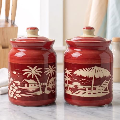Image of D'Maiolica Pickle Jars in 1000ml (set of 2) | Handpainted Floral Pattern 1 kg Achaar Martban | Ceramic Container Set for Kitchen Storage (Pack of 2) (Heritage Red Oasis)