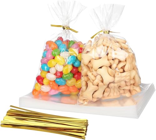100 Pack Of Cellophane Bags (15x20cm), Cellophane Treat Bags, Clear Cellophane Gift Bags, Cellophane Clear Candy Bags, with 100 Gold Twist Ties for Graduation Birthday Weddings Party