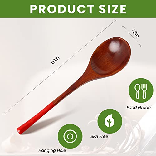 Wood Spoons For Cooking, Wooden Soup Spoons For Eating Mixing Stirring Cooking, Natural Wooden Serving Spoons Table Spoon, Handmade Kitchen Mixing Spoon (Red Handle) #TOP1
