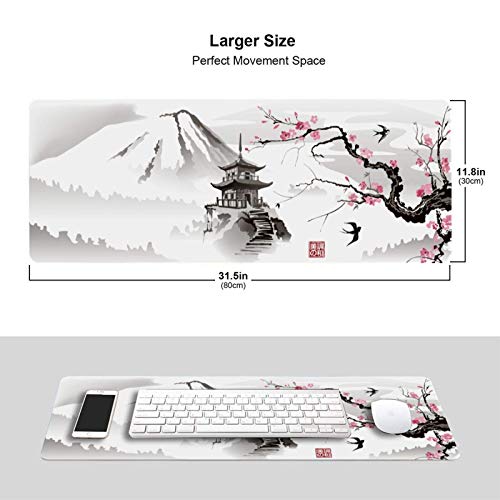 Japanese Cherry Blossom White Gaming Mouse Pad Xl, Extended Large Mouse Mat Desk Pad, Stitched Edges Mousepad, Long Nonslip Rubber Base Mice Pad, 31.5 X 11.8 Inch #TOP1