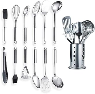 Berglander Stainless Steel Kitchen Utensil 12 Piece with 1 Stand, Cooking Spoon, Kitchen Tools Cooking Utensil with Holder. (13 Pieces)