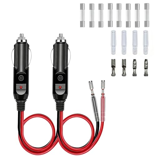 2 Stück Zigarettenanzünder Stecker, 12v Stecker kfz mit 8 Sicherungen (4x10A + 4x15A), 16AWG Kupferkabel 15cm für Auto/LKW/Bus DVR Heizdecken USB-Adaptern, Inkl. Anschlussklemmen & Schutzhüllen