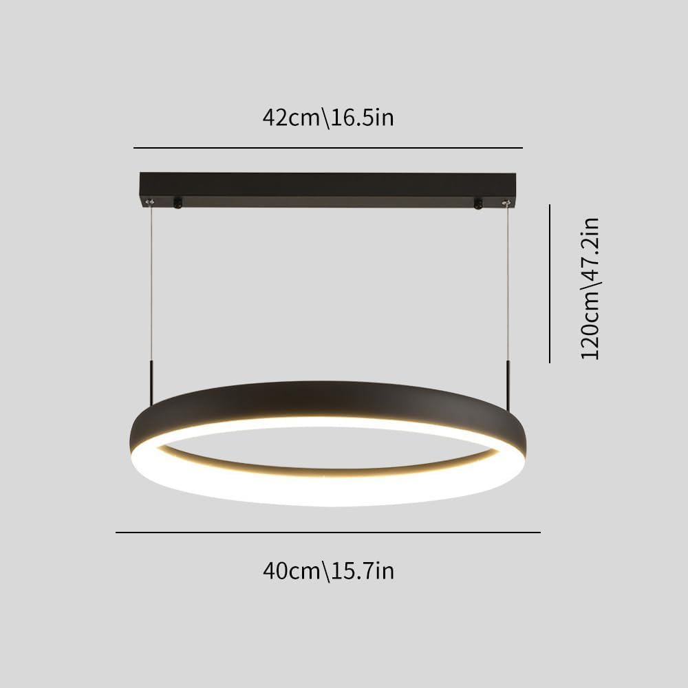 Modern Led Chaner 15.7" Kitchen Island Light Fixture, 3 Color Mode 30W Dimmable Light Living Room Dining Room Hanging Light Fixtures (Black)