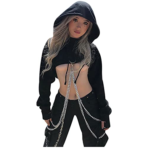 Auwer Women's Long Sleeve Gothic Punk Hoodies Bandage Crop Tops Rave Festivals Streetwear(Black-2,Large)