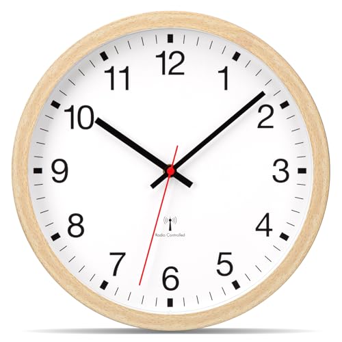 VIVILINEN - Reloj de pared con radio pilotado silencioso sin tic-Tac 30 cm y péndulo de pared, diseño moderno para dormitorio, cocina, sala de estar, cambio automático de hora (madera, 40 cm)