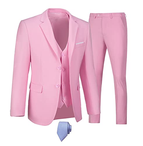 Image of Furuyal Men's Suits 3 Piece Slim Fit Suit Set,Two Button Wedding Business Tuxedo Solid Blazer Jacket Vest Pants with Tie