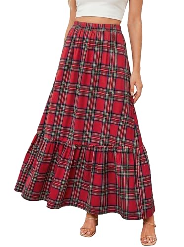 CUPSHE Womens Maxi Skirts Tartan Ruffled Skirt Plaid Holiday Christmas High-Rise Waist Xmas Long Skirt XL Red