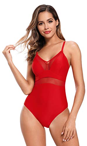 SHEKINI Mujer Traje de Baño de Una Pieza Elegante Ruché Ajustable Halter Deportivo Transparente Mesh Bañador Chic Slim Control Abdomen Bikini de Una Pieza de Playa(M,Rojo-B)