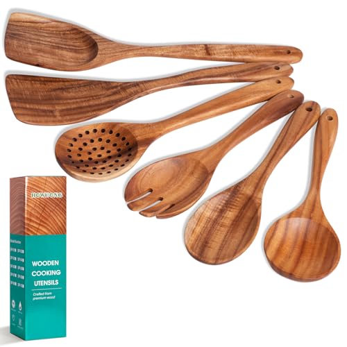 Cooking Wooden Spoons Set of 6 - Natural Teak Wood Kitchen Utensils - Smooth Finish with Soft Comfort-Grip for Nonstick Use by HOWHONG