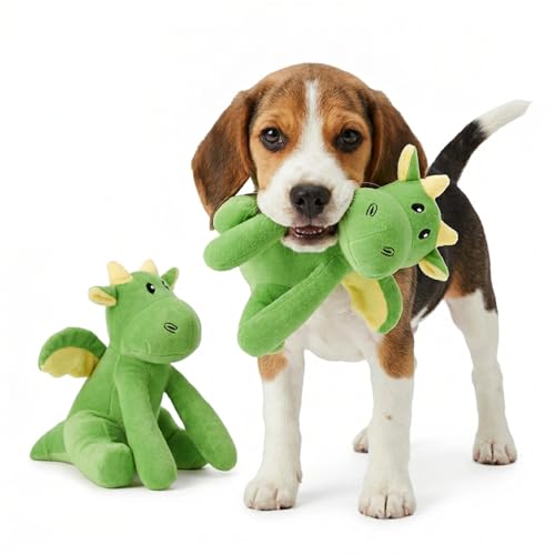 Image of Amazon Basics Green Bubble Dragon Squeaky Plush Dog Toy | Crinkle & Squeak Sound | Soft Cotton Stuffed | for Teething & Training | Ideal for Puppies & Small Dogs