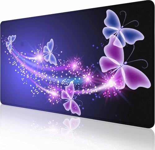 Gaming Mouse Pad, Large Mouse Pads for Women, Non-Slip Rubber Base Mousepad, Keyboard Mouse Mat, Desk Pad with Stitched Edges, 35.4x15.7inch, Glowing Butterfly