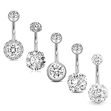 JFORYOU 5Pcs Belly Button Rings Stainless Steel 14G Sparkly CZ Navel Rings Barbells Studs for Women Dainty Belly Piercing Jewelry Silver
