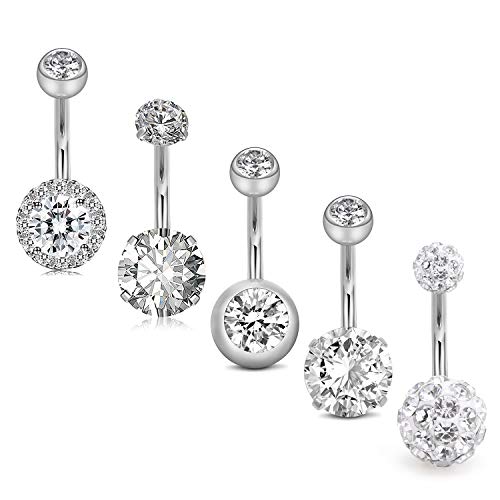 Jforyou BB-037-7 5Pcs Belly Button Rings Stainless Steel 14G Cz Navel Rings Barbells Studs Women Body Piercing Jewelry Silver cover