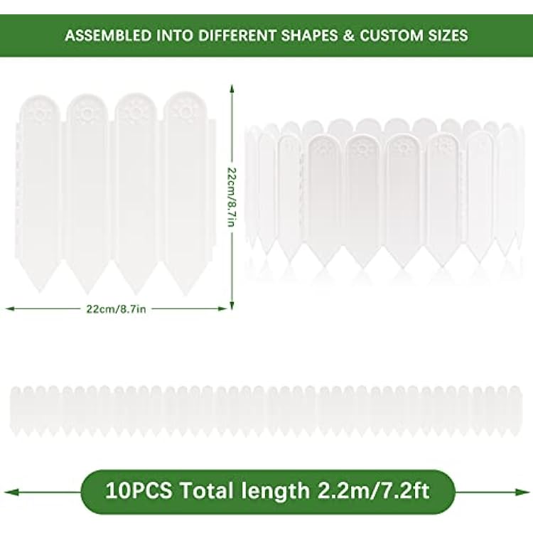 EEOCWF 10PCS White Garden Edging Borders, 8.66 in Tall Plastic Garden Landscape Edging, 7.2ft Interlocking Decorative Garden Fences Edging, Lawn Edge Flower Bed Border for DIY Patio Walkways Yard