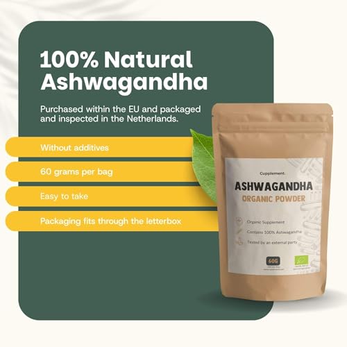 Foto von Cupplement Ashwagandha Pulver Bio Kombideal 4x 60 gram - Cortisol senkende Nahrungsergänzungsmittel - Vegan - Ohne Zusatzstoffe - Laborgeprüft - 15 Tage Vorrat pro Beutel