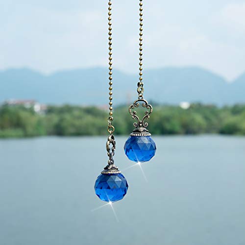 Image of Set of 2 Vintage-Style Blue Fan Pull Ceiling Fan Chain Pulls Crystal Prism Ball