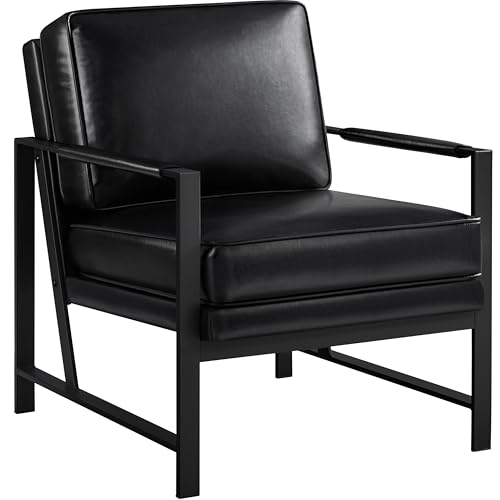 Image of Yaheetech Mid-Century Accent Chair, Modern Armchair, Black | Oversized Faux Leather Chair with Soft Cushion, Ergonomic 105 Back, Reading Chair for Living Room, Bedroom and Waiting Room