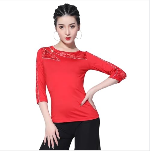 Yhhsgscr Long Sleeve Latin Dancewear Training Outfit for Rumba Samba Women's Salsa Dance Clothes Cha Cha Dancing Top,Red,3XL