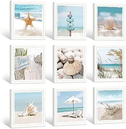 Coastal Pictures Wall Art Framed: Bathroom Small Beach Shell Artwork Seaside Ocean Picture and Seascape Painting Landscape Photo Print for Living Room(13''x13'')