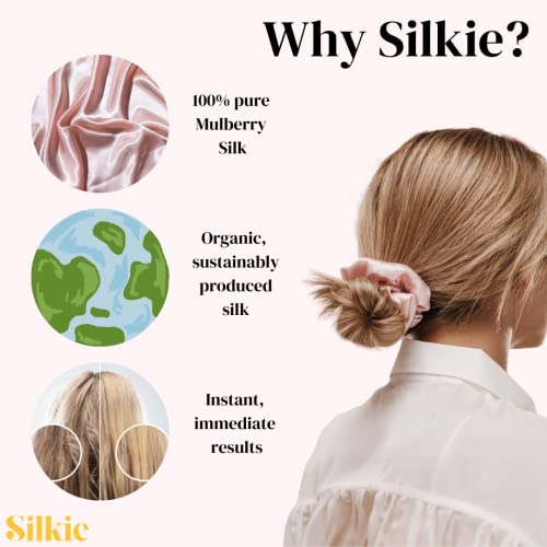 Silkie X4 Set 100% Pure Mulberry Silk Black Brown Skinny Scrunchies Travel Pouch Everyday Hair Ties Elastics Hair Care Ponytail Holder No Damage (Chocolate) #TOP4