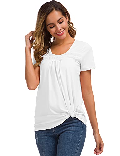 Women's White Square Neck Tops Loose Cotton Short Sleeve Blouse Lace Pleated Tunic Tee Shirts Xxl #TOP3