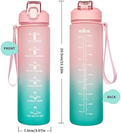 Justfwater 1L Reusable Sport Motivation Water Bottle with Time Marker & Straw, Drinking Bottle for School Fitness