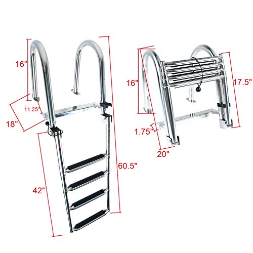 Dasmarine 4 Step Stainless Steel Pontoon Boat Ladder, Folding Telescoping Rear Entry Inboard Ladder Heavy Duty Custom Swim Deck Ladder With Pedal Hand Railing Ladder Dock Ladder Extra Wide Step #TOP1