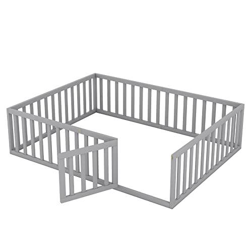 Merax Queen Size Floor Bed Frame with Fence and Door, Gray by Merax - Image 8