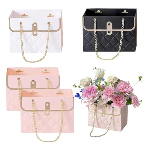 mdgfge 4 Pcs Paper Flower Bags Bouquet Storage Bucket Florist Handbags with Metal Chain Floral Box Flower Wrapping Basket Boxes for Mother's Day Wedding Birthday Baby Shower Party Supplies