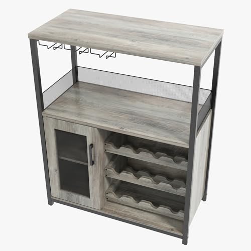 Image of Aptliton Industrial Wine Rack Cabinet with Glass Holder, Rustic Bar Cabinet with Storage Door, Adjustable Shelves & Feet, Metal Frame Wine Storage Sideboard for Living Room Kitchen