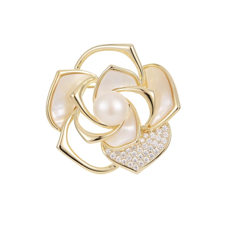Image of Stunning 14K Gold Moissanite Camellia Brooch,With Openwork Design and Pearl Embellishments ,Ideal Shawl Buckle Accessory & Beautiful Gift