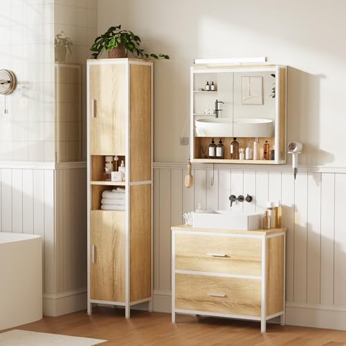 ELUCHANG Badmöbel Set 3,Waschbeckenunterschrank und Spiegelschrank Bad mit Beleuchtung und Hochschrank,Badezimmer Set 60cm,mit Schubladen,Verstellbare Ablage Badezimmermöbel Komplett,Oak+Weiß