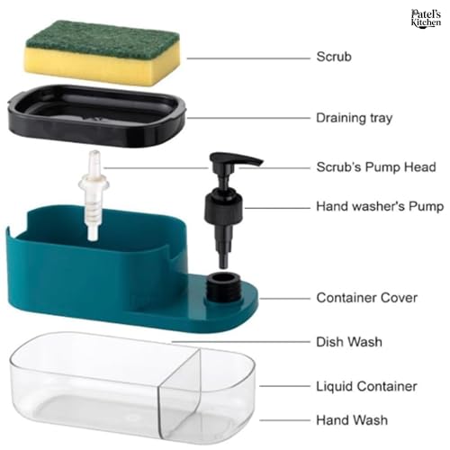 Image of Patel's Kitchen 3 in 1 Dish Soap Dispenser with Sponge Holder & Hand Wash Pump | Dual Liquid Kitchen Sink Organizer | Soap Dispenser with Drip Tray for Dishwashing, Sink & Kitchen Cleaning (3 in 1)