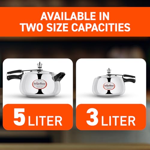 Image of Surya Flame Stainless Steel 5 Litre Pressure Cooker with Inner Lid, Magma Gas & Induction Compatible, ISI Certified (Silver), 3-Year Doorstep Warranty