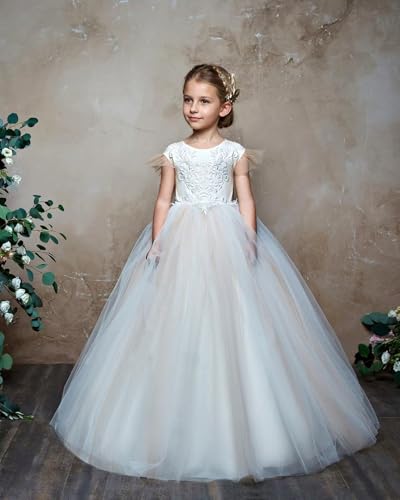 Lace Tulle Flower Girl Dresses for Wedding Ruffle Sleeve First Communion Dress Pageant Ball Gown with Bow3