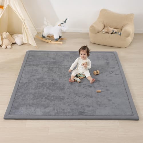 Image of 1.3 inch Thick Baby Floor Play Mat, 59x79 Padded Foam Tummy Time Crawling Mat, Non-Slip Water-Repellent Soft Plush Nursey Area Rug for Playroom Bedroom Living Room (Dark Gery)