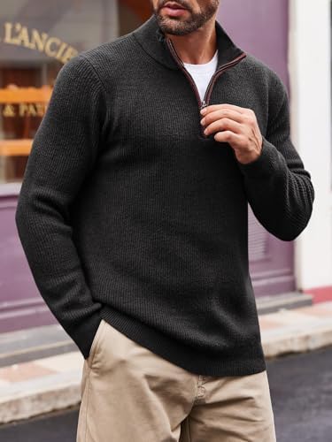 Runcati Mens Quarter-Zip Pullover Sweater Casual Mock Neck Winter Warm Ribbed Polo Sweaters, Black, XL
